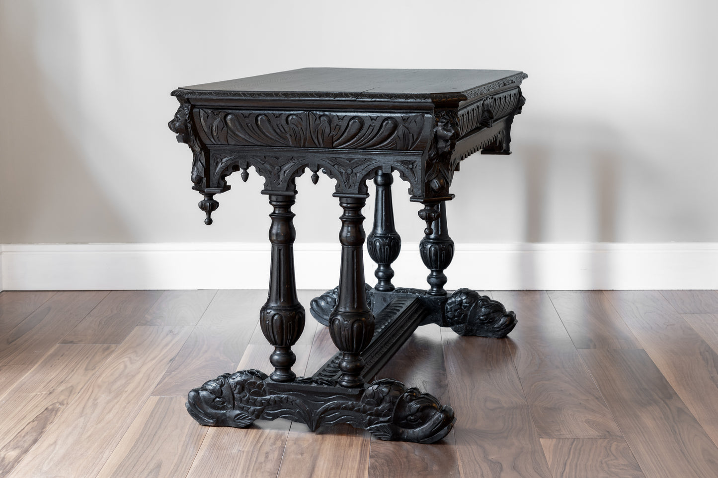 EBONISED VICTORIAN GOTHIC LIBRARY TABLE, 19TH CENTURY