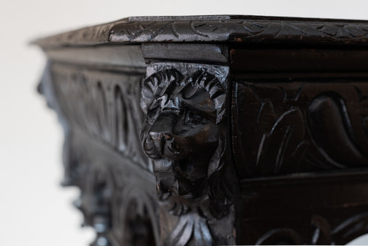 EBONISED VICTORIAN GOTHIC LIBRARY TABLE, 19TH CENTURY