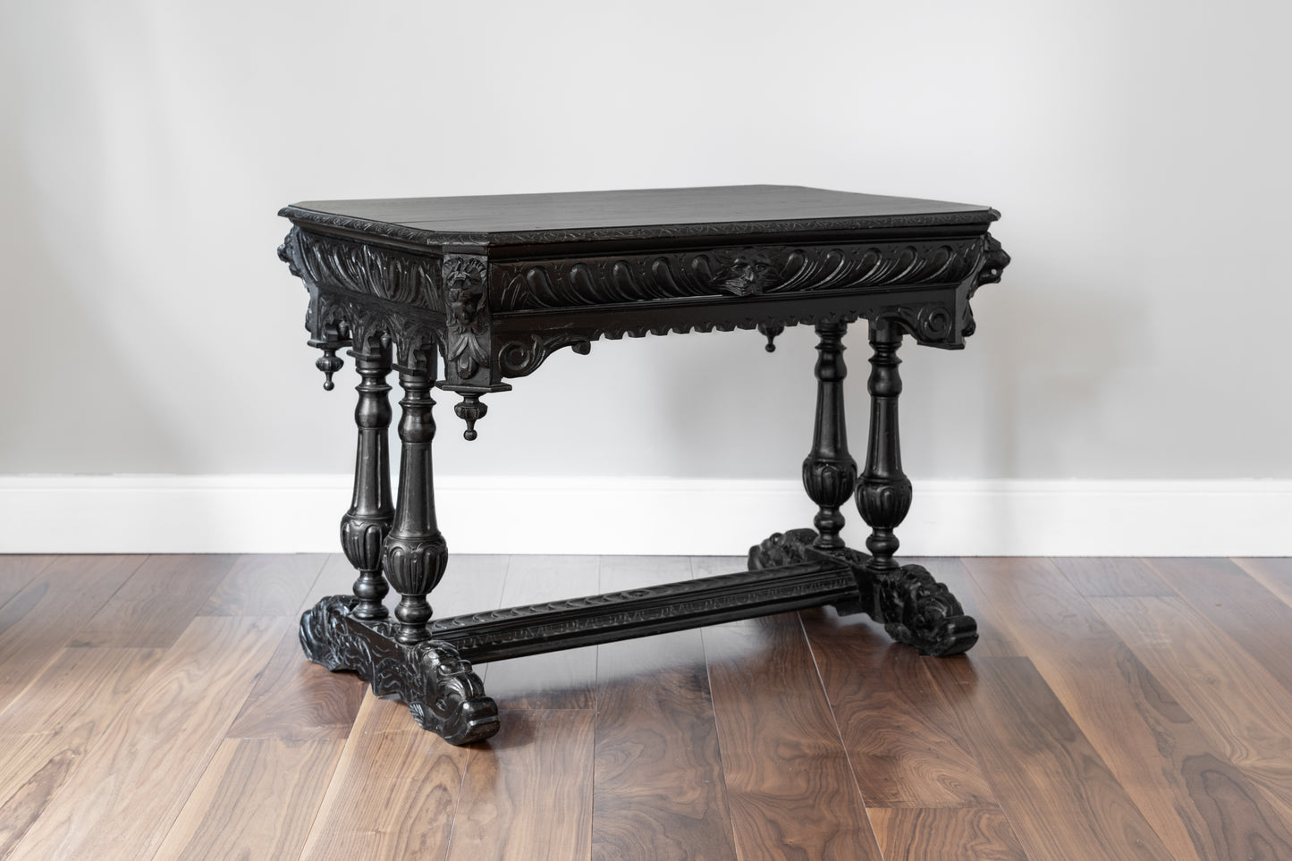 EBONISED VICTORIAN GOTHIC LIBRARY TABLE, 19TH CENTURY