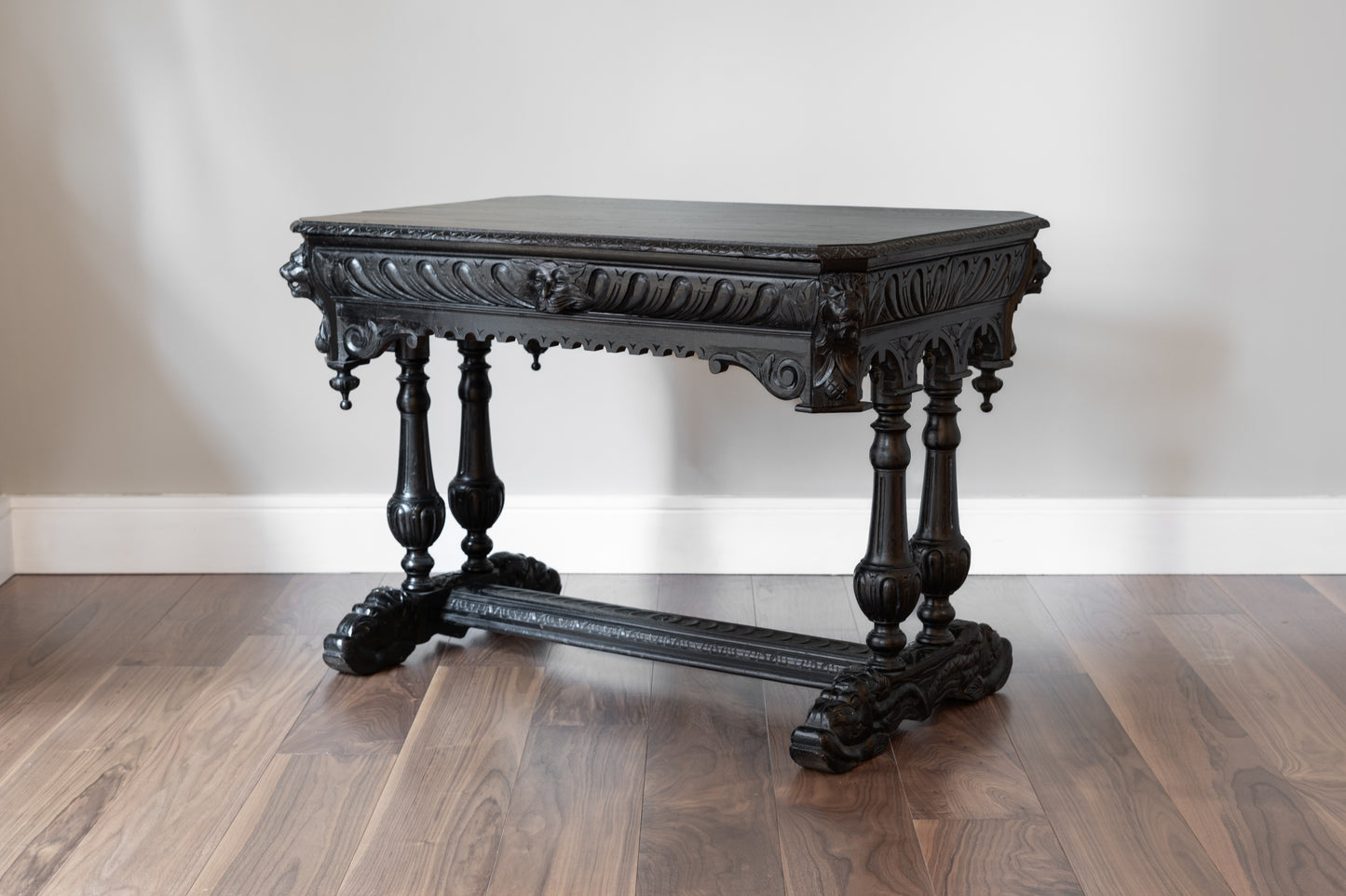 EBONISED VICTORIAN GOTHIC LIBRARY TABLE, 19TH CENTURY