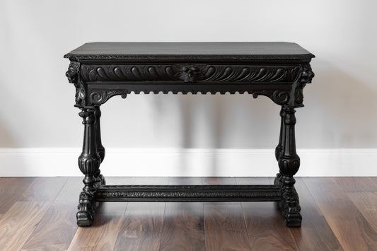 EBONISED VICTORIAN GOTHIC LIBRARY TABLE, 19TH CENTURY