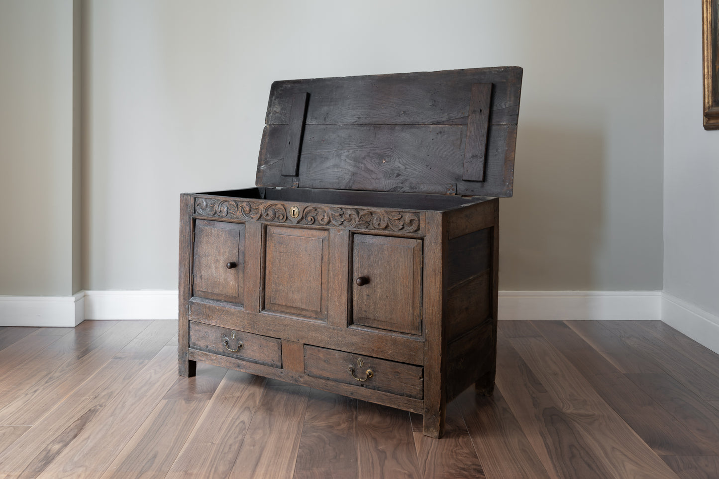 WORN OAK HALL CHEST, C.1710