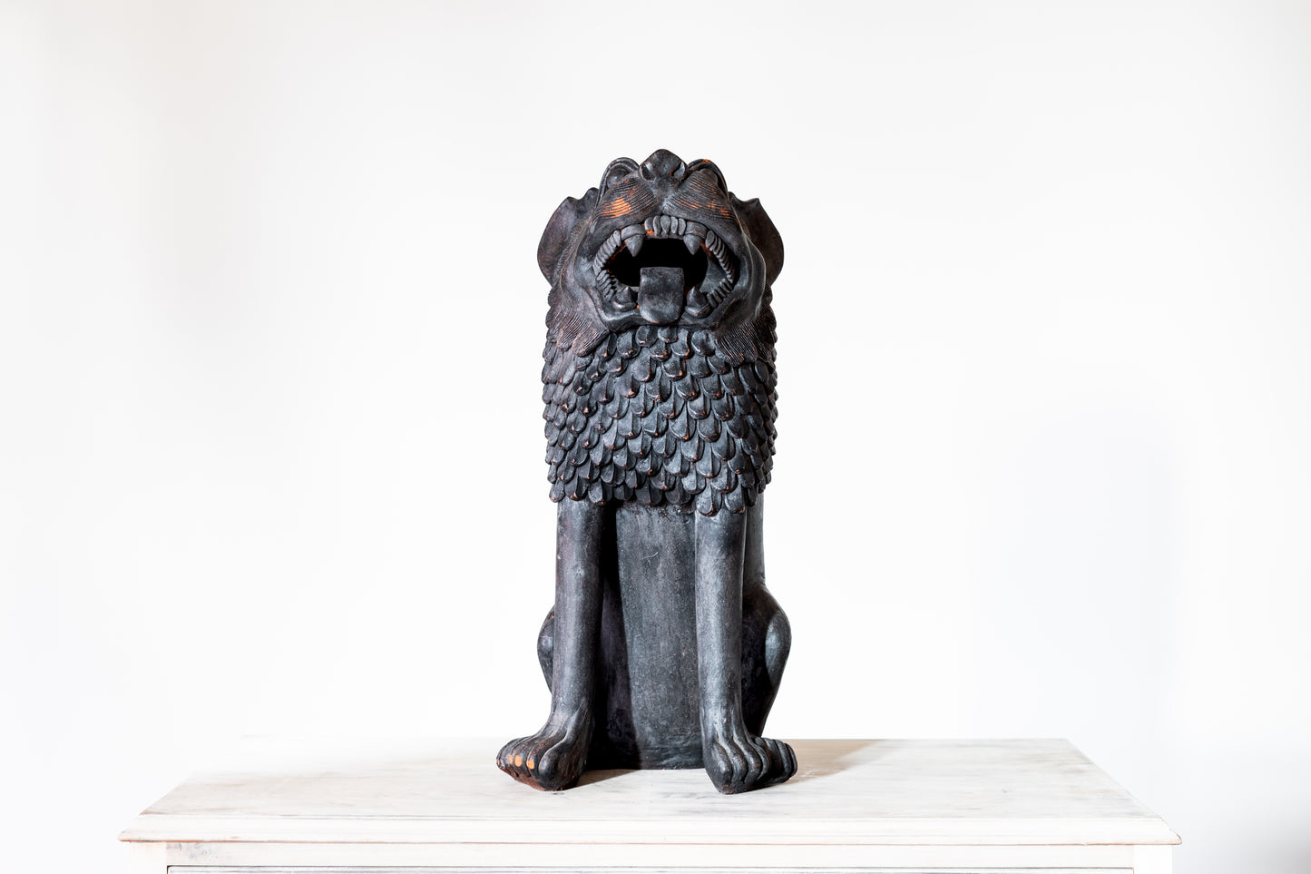 LARGE PAINTED TERRACOTTA FOO DOG, C.1920